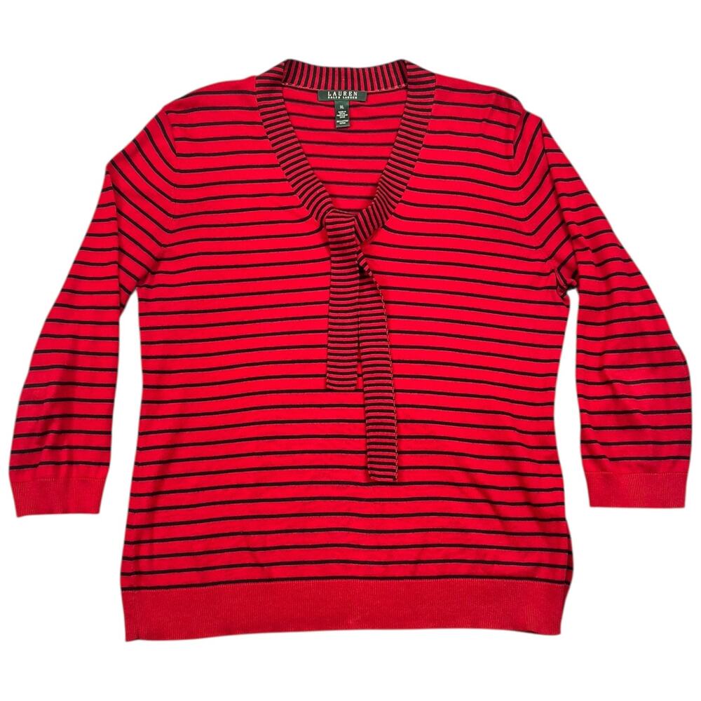 Lauren Ralph Lauren Red Black Stripe Tie Neck Sweater Cotton XL